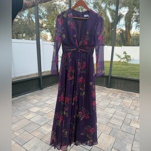 Mac Duggal Purple Floral Long Sleeve Dress